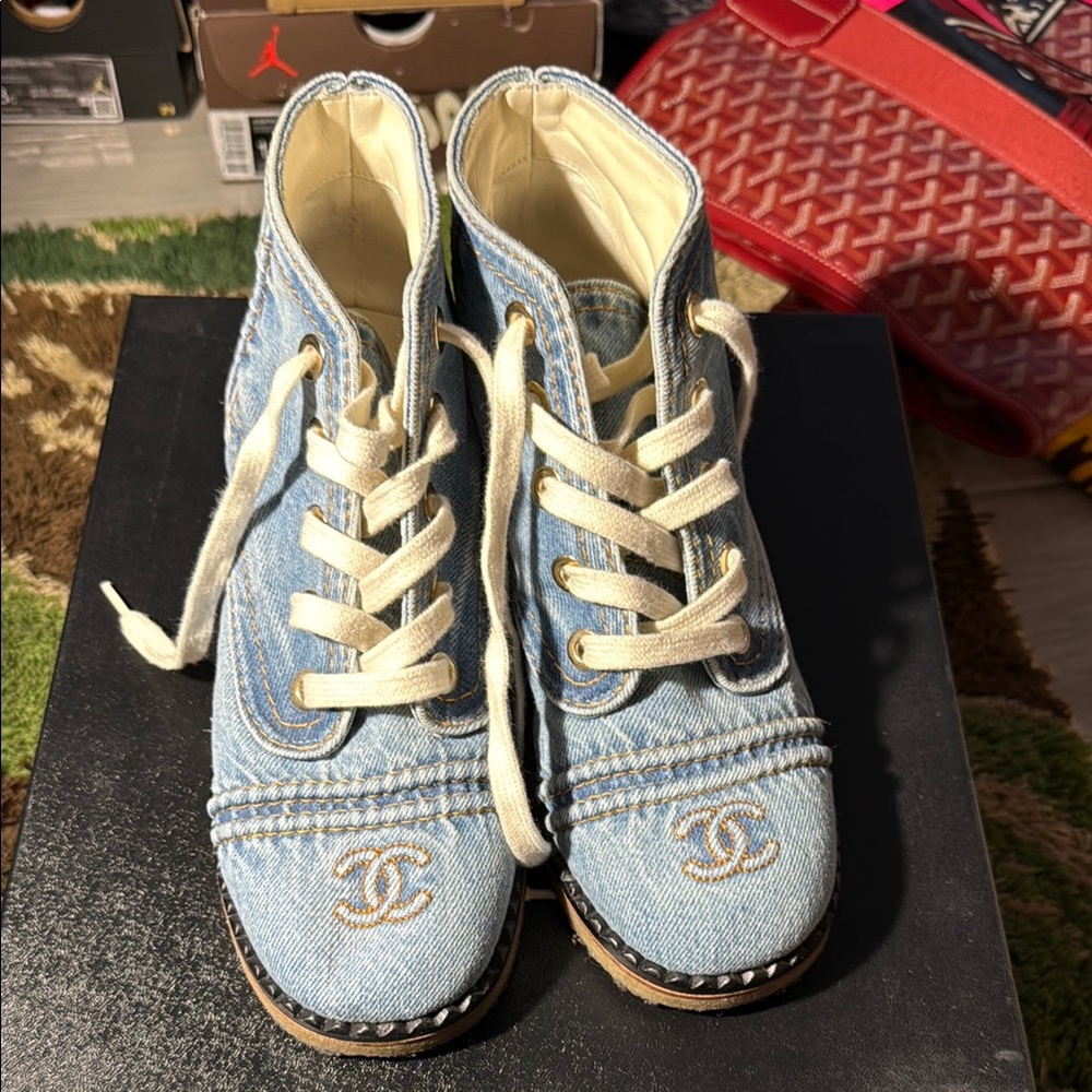 CHANEL Blue and Cream Boots with Quilted Toe
